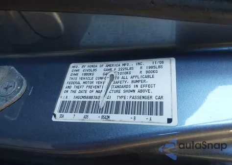 2007 Honda Accord 2.4 Ex from USA, damaged, VIN 1HGCM56887A055541